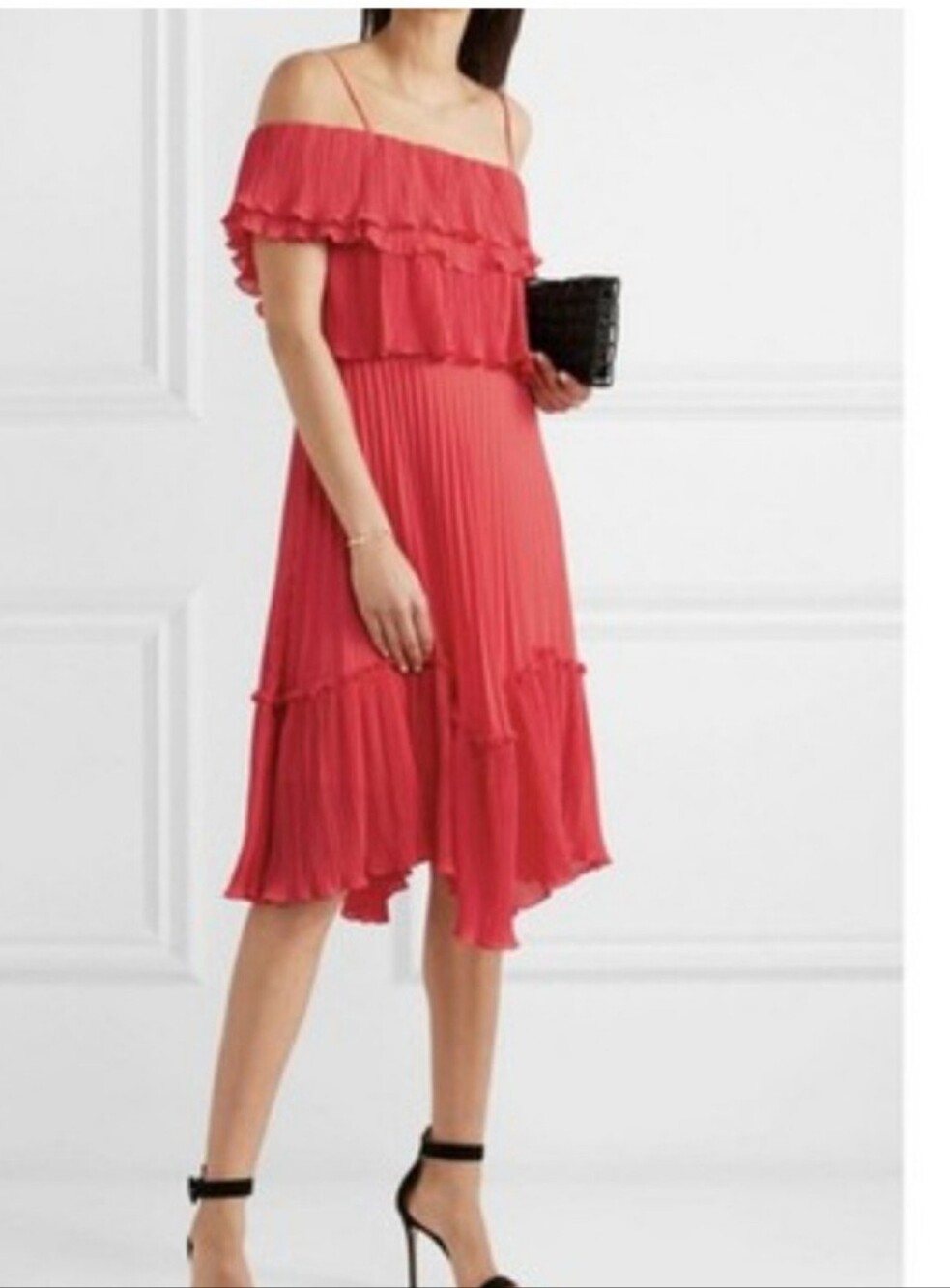 Halston Heritage Coral Off-Shoulder Ruffle Midi Dress